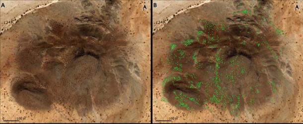 Imágenes de satélite que muestran 1.195 qubbas, o entierros islámicos, alrededor y encima de un pequeño afloramiento rocoso. (Costanzo et al. / PLOS ONE)