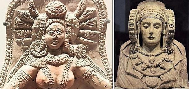 El artefacto de la diosa india de Chandraketugarh (izquierda) y el arte de la Dama de Elche (derecha). (Proporcionado por el autor)