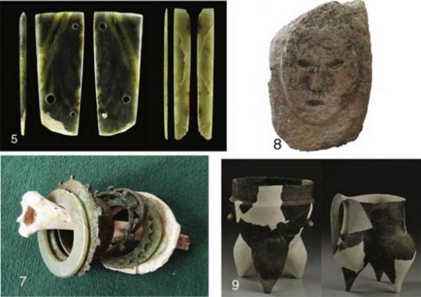 5: artículos de jade encontrados en East Gate; 7: brazaletes de jade y metal con un hueso de brazo humano hallados en un entierro; 8: cabeza humana de piedra; 9: Cerámica Shimao. (Zhouyong Sun et al.2017)