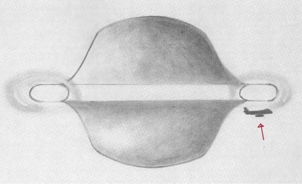 Ilustración del objeto, con el avión Boeing 747 a la derecha. Créditos: UFO Reporter