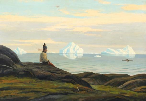 Paisaje de Groenlandia con mujer Inuit mirando al mar por Emanuel Petersen. (Dominio público)