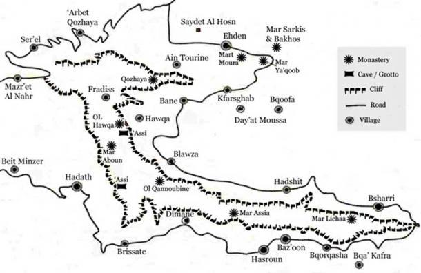 Ubicación de los sitios principales en el valle de Kadisha. (Dominio público) Hadath se encuentra a la izquierda.