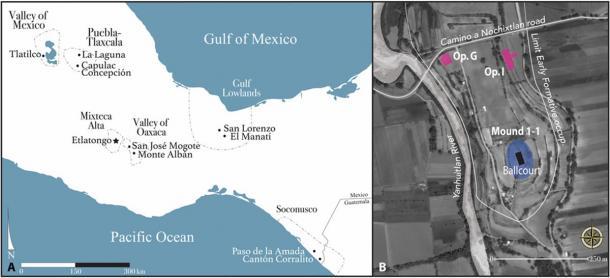 Ubicación de Etlatongo en Mesoamérica y el escenario de su juego de pelota. (Avances científicos)