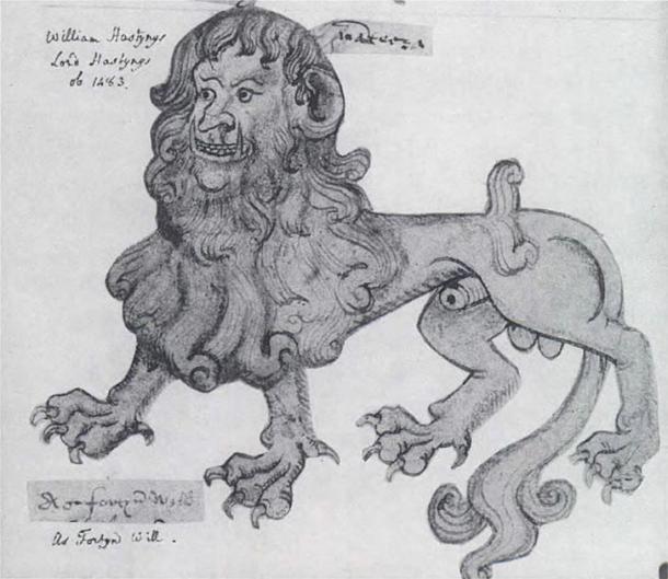 Manticore o insignia de mantyger de William, Lord Hastings, c.1470. Esta versión tiene colmillos. (Dominio publico)