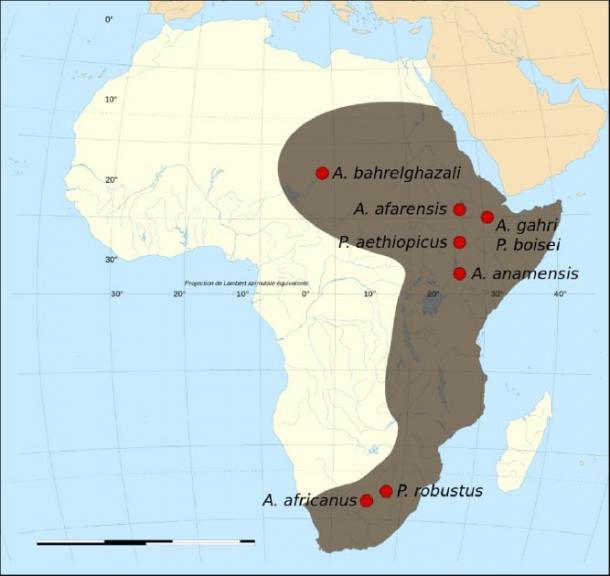 Mapa de los sitios fósiles y ubicaciones de algunos de los sitios de origen humano. (Kameraad Pjotr ​​y Sting / CC BY-SA 3.0)