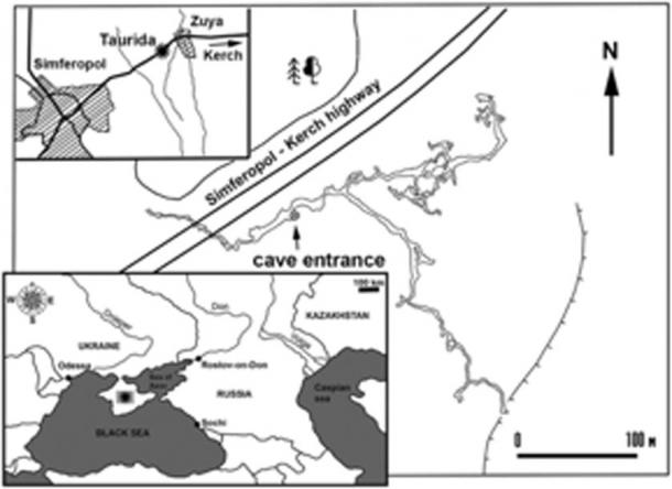 Mapa que muestra la ubicación geográfica de la localidad fósil y el plano de la cueva. (Lopatin / Journal of Vertebrate Paleontology)