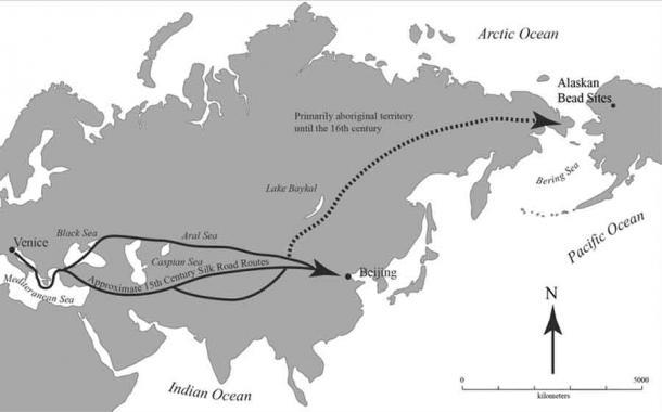 Mapa que propone la posible ruta utilizada para transportar estos artefactos precolombinos desde Venecia hasta el norte de Alaska. (ML Kunz et al. / Antigüedad americana)