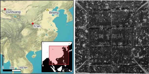 Izquierda: mapa de la región de China donde se encontró la tumba en Xi’an. Derecha: El epitafio de la tumba, confirmando que es de Cui Shi. (J. Yang / Antiquity Publications Ltd)