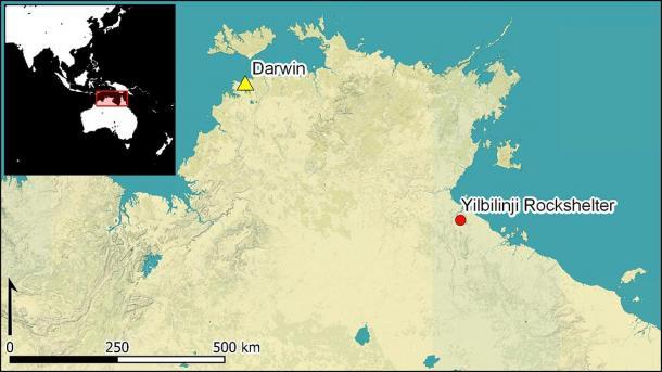 Mapa del refugio de rocas Yilbilinji en relación con Darwin en Australia, donde se puede encontrar el arte rupestre aborigen. (Antiquity Publications Ltd)