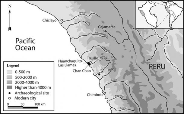 Mapa de la costa norte de PerÃº que muestra la extensiÃ³n del estado de chimÃº y la ubicaciÃ³n geogrÃ¡fica del sitio de huanchaquito-las llamas. (Â© 2019 Gabriel Prieto et al / Plos ONE)