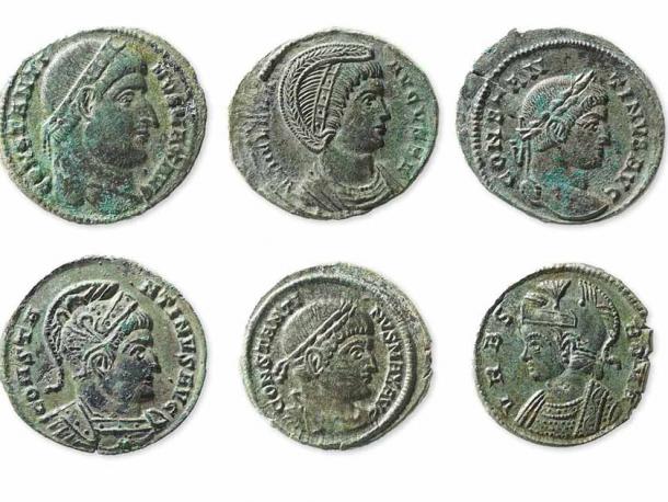 Todas las monedas romanas del tesoro reciente de monedas romanas suizas, realizadas durante el reinado de Constantino el Grande (306-337 d. C.), muestran retratos del emperador y sus parientes en el anverso. (Rahel C. Ackermann / Inventar der Fundmunzen Schweiz)