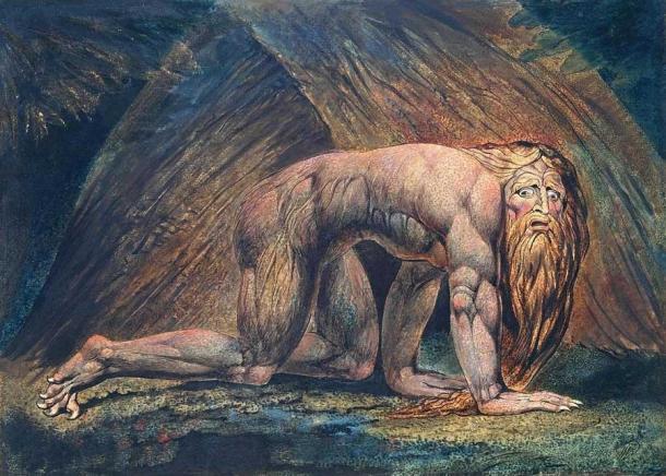 Nabucodonosor (1795) de William Blake. La pintura muestra a Nabucodonosor II desnudo y loco, viviendo como un animal salvaje. La historia de la locura de Nabucodonosor II se refería originalmente a Nabonido. (William Blake / Dominio público)