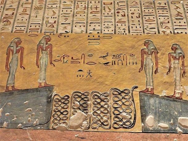 Pintura del Amduat, 5ta hora, Tumba de Ramsés IV (KV-2), que muestra el agua dividida en dos paredes. (Museo de Egipto)