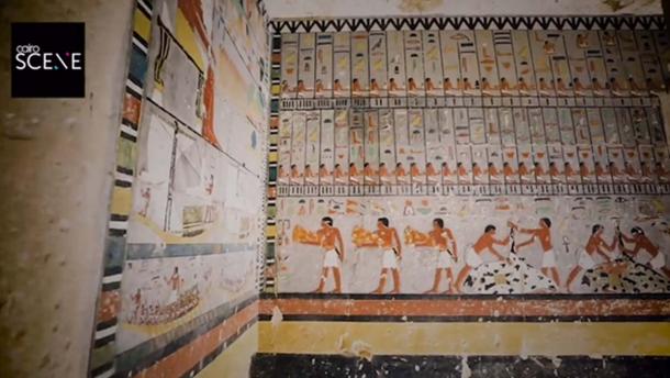 Paredes pintadas de colores brillantes en la tumba de 4300 años descubierta en Egipto. Crédito: Captura de pantalla del video del Ministerio de Antigüedades.