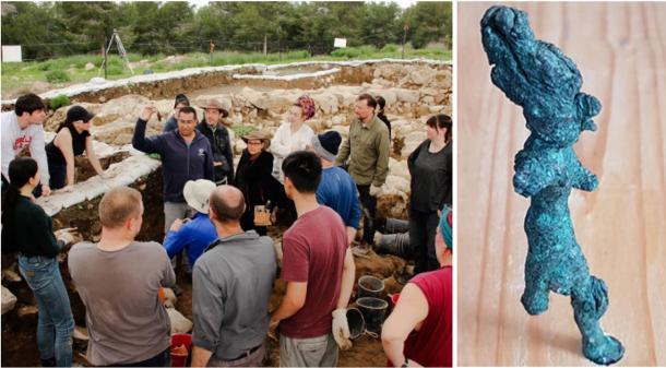 Izquierda: solo unos minutos después de que se descubre un sello entre la tierra en el sitio de excavación de Ziklag, Saar Ganor de la Autoridad de Antigüedades de Israel sostiene el precioso artefacto para que el equipo lo vea. (Universidad de Macquarie) Derecha: Estatua que golpea: La figura parcialmente intacta usa un sombrero alto y habría levantado el brazo derecho y el otro brazo extendido al frente, posiblemente sosteniendo un arma como una lanza. (La Universidad Hebrea de Jerusalén)