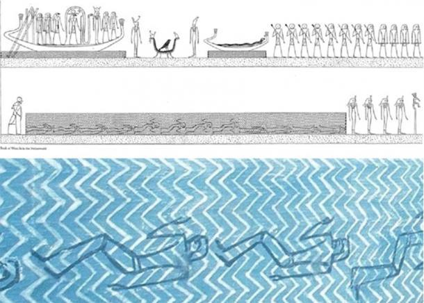 Arriba: escena de la tumba KV-35, Amenhotep II, Amduat, décima hora; mostrando hombres ahogados en el agua, similar al ahogamiento del éxodo. Estos son hombres inocentes a los que se les negó un entierro regular y que Horus resucitará de ahogarse. Abajo: primer plano del mismo panel, que muestra a los soldados ahogados bajo el agua, en las aguas de Nun, muertos pero que serán revividos más tarde. (Piankoff y Rambova, 1954)