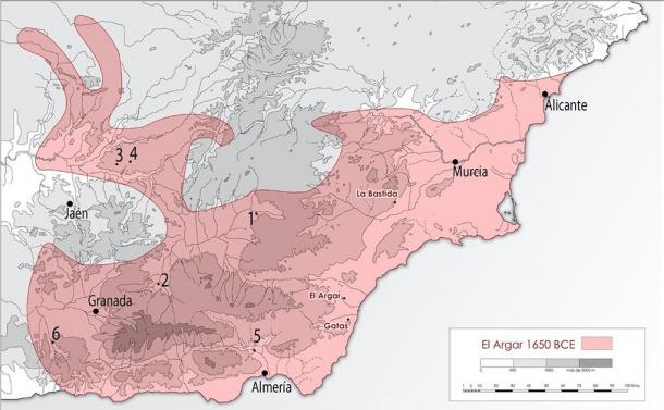 Extensión territorial máxima de la cultura El Argar y ubicaciones de los sitios analizados de La Bastida y Gatas. (ALGUNOS, UAB / PLOSONE)