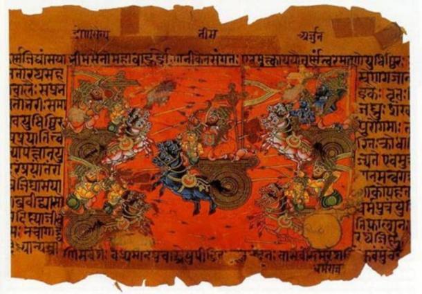 Los textos hindúes antiguos describen grandes batallas que tienen lugar y un arma desconocida que causa una gran destrucción. Una ilustración manuscrita de la batalla de Kurukshetra, registrada en el Mahabharata. Fuente de la imagen: Wikipedia