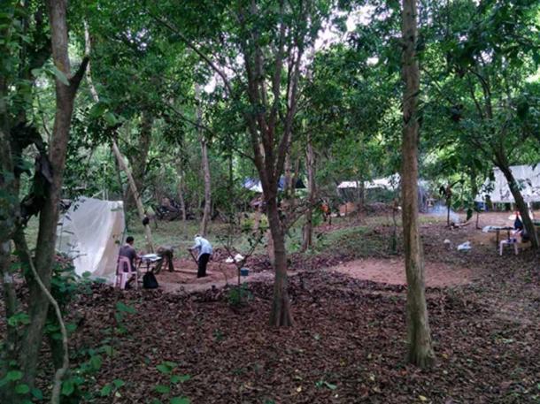 El equipo del autor, excavando montículos de ocupación que rodean el templo de Angkor Wat. Aunque esta área ahora está cubierta de árboles densos, en el pasado habría habido casas en estos montículos. (Alison Carter / CC BY-SA 4.0)