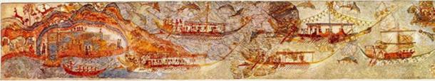 Fresco de la "Procesión", Sala 5, West House, Akrotiri. (Blogger de historia del arte) Muestra una flotilla de cascos blancos de islas comerciales rindiendo tributo en cabeza de manada a los Carianos (Marines) 1,500 a.C.