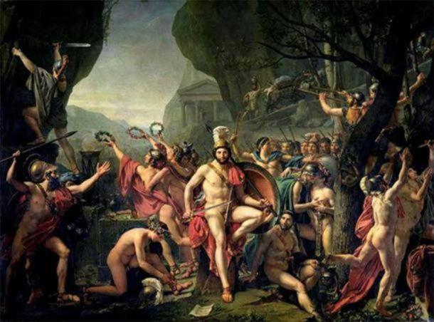 Cuadro titulado "Leonidas at Thermopylae" (1814) de Jacques-Louis David. Esta pintura combina elementos históricos y legendarios de la batalla de las Termópilas. (Dominio publico)