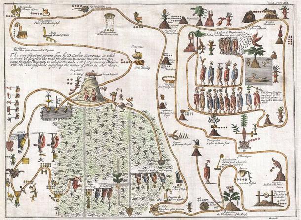 Este inusual mapa de 1704, dibujado por Giovanni Francesco Gemelli Careri, es la primera representación publicada de la legendaria migración azteca de Aztlán, un paraíso misterioso en algún lugar del noroeste de México, al Cerro Chapultepec, actualmente Ciudad de México. (Dominio público)