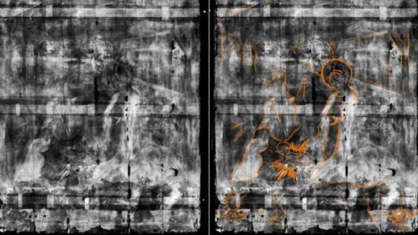 La radiografía reveló una escena de la Natividad (resaltada para una visualización más fácil a la derecha). (Universidad de Northumbria y Museo Bowes)