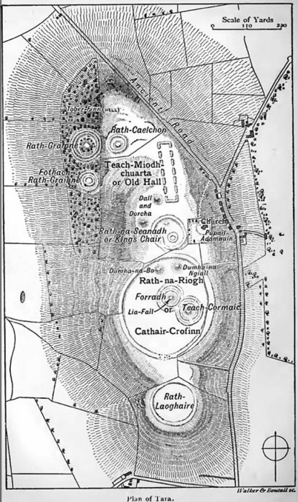 Mapa topográfico del siglo XIX que muestra los diferentes monumentos encontrados en el Cerro de Tara. (Dominio público)