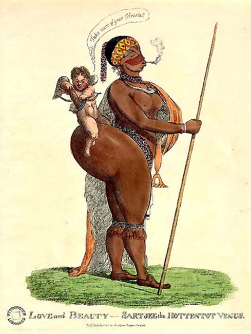 Una caricatura de Saartjie Baartman, llamada el Hottentot Venus. Nacida en una familia Khoisan, fue exhibida en Londres a principios del siglo XIX. (Julo / Dominio Público)